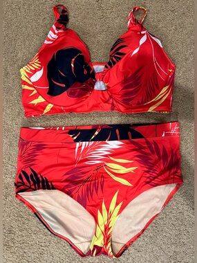 Women’s Red Tropical High-Waist Bikini Set